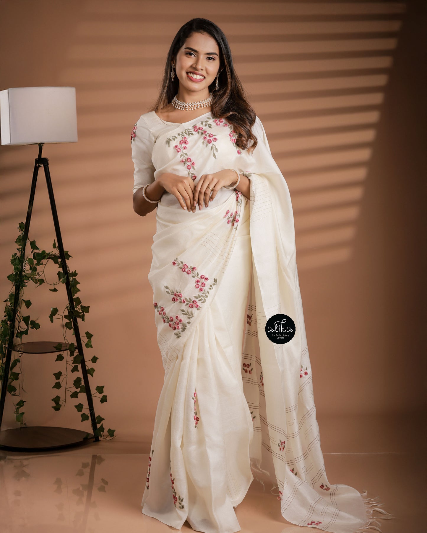 Off White Tussar Silk Saree with Floral Embroidery
