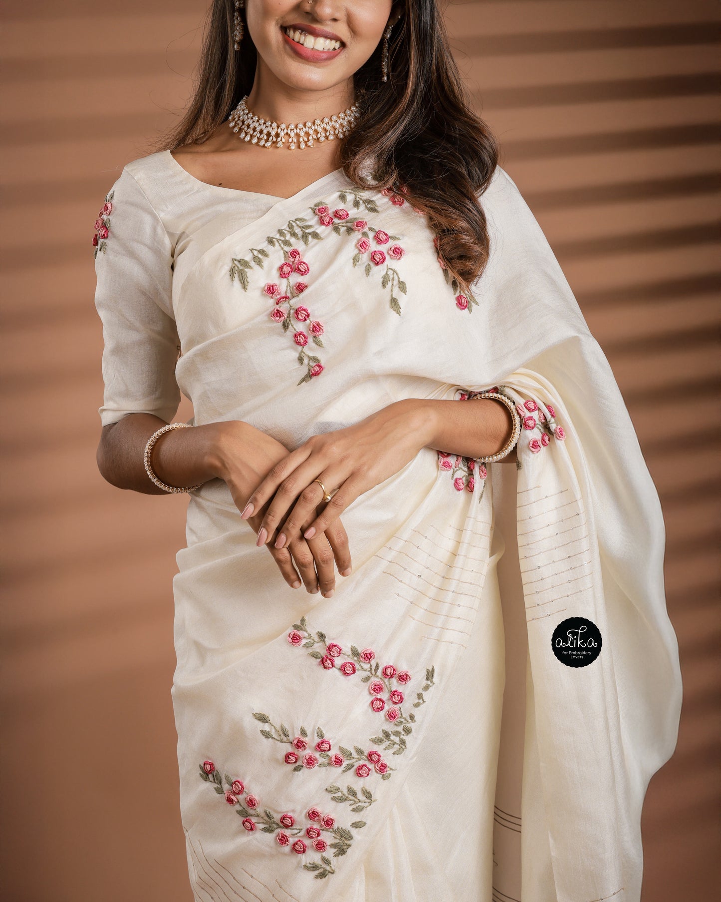 Off White Tussar Silk Saree with Floral Embroidery