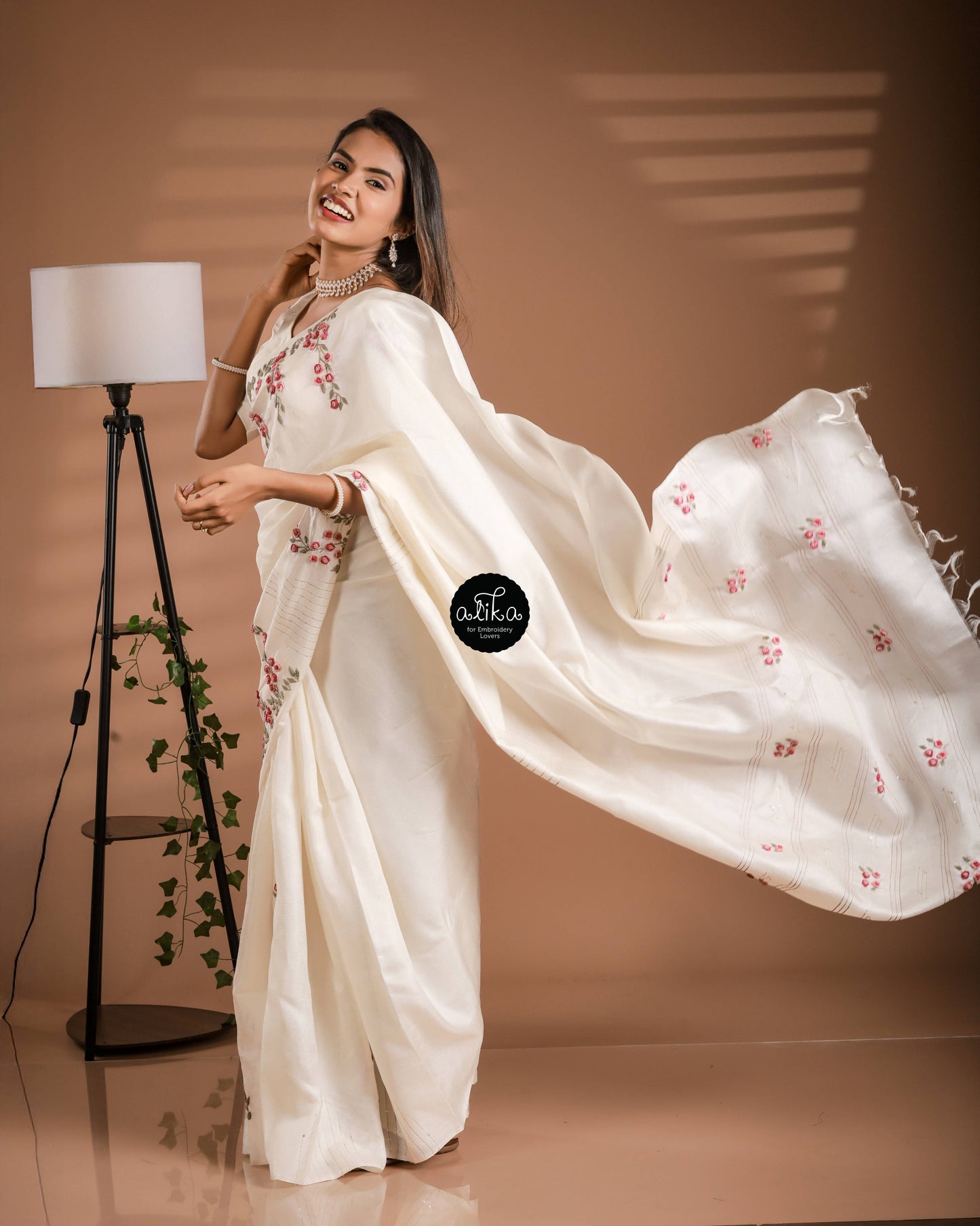 Off White Tussar Silk Saree with Floral Embroidery