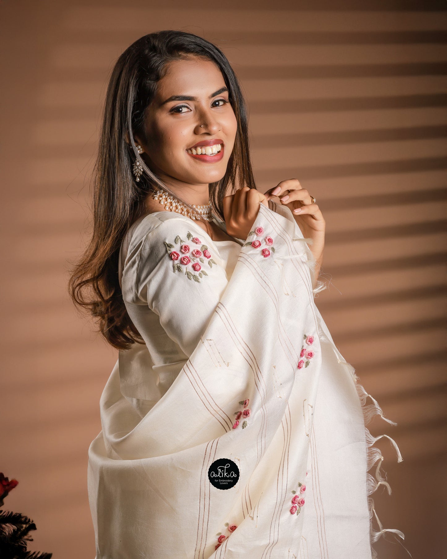 Off White Tussar Silk Saree with Floral Embroidery