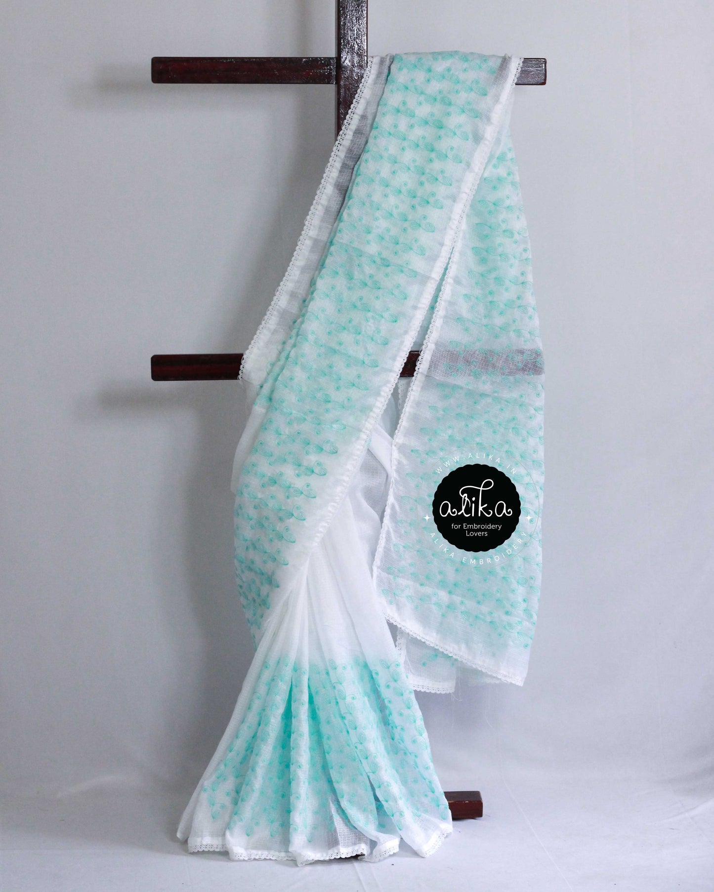 White Kota Saree with Blue Self-Shade Machine Embroidery – Alika Fashion Store