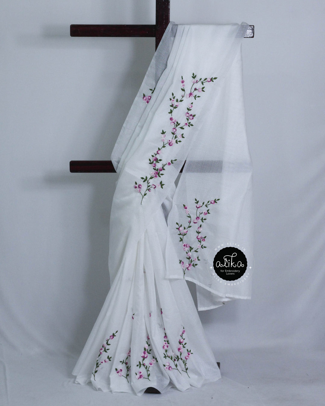 White Semi-Checked Silk Saree with Floral Hand Embroidery