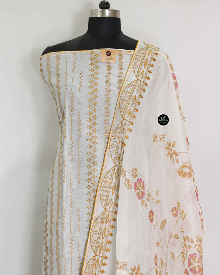 Off White Kota Unstitched Salwar Set with Mustard Yellow Machine Embroidery