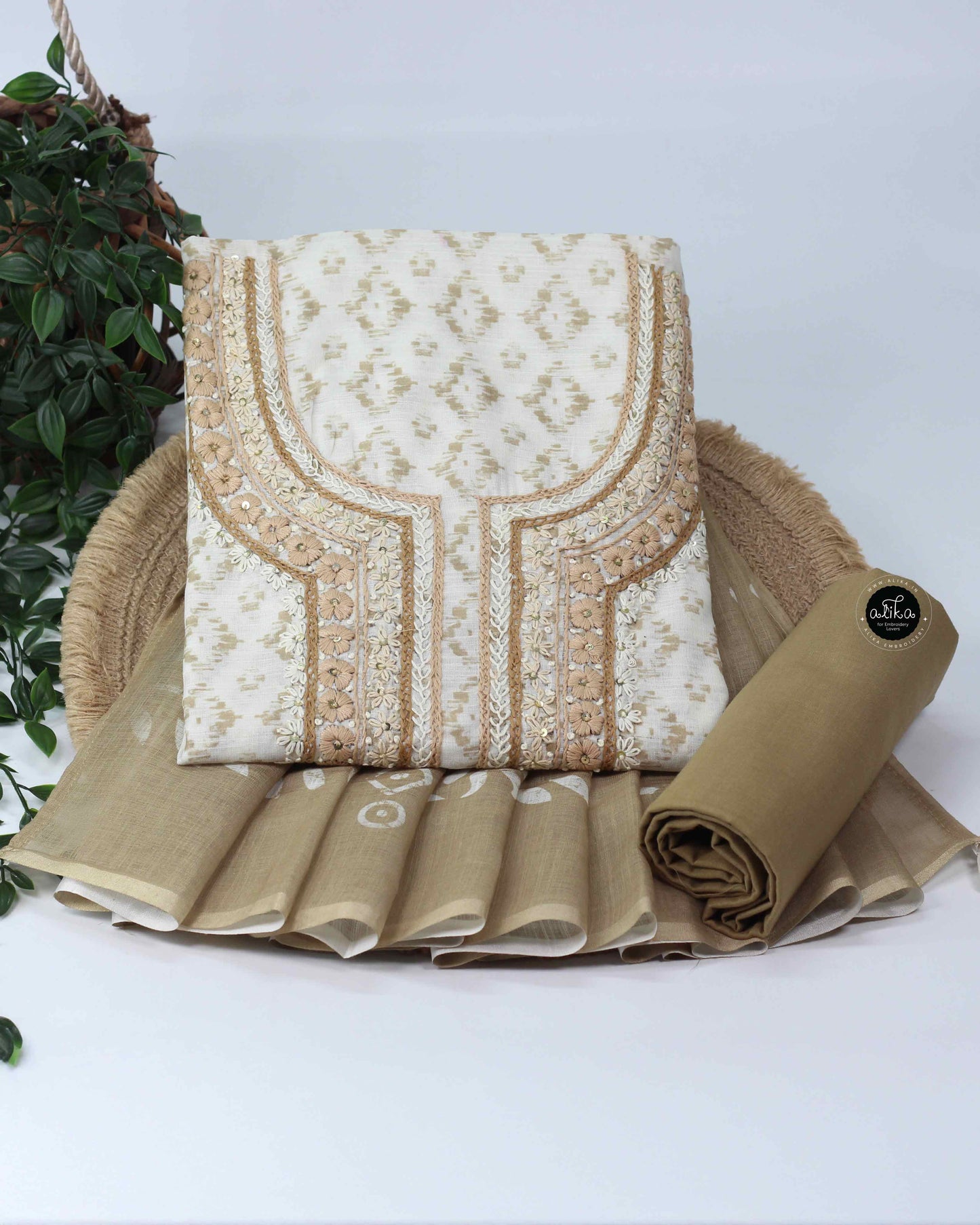 Off-White Printed Chanderi Cotton Salwar Set with Floral Embroidery