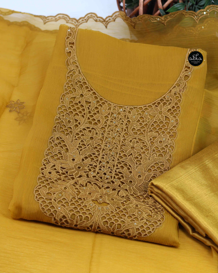 Mustard Yellow Crushed Silk Unstitched Salwar Set with Twine Cutwork &amp; Sequin Work