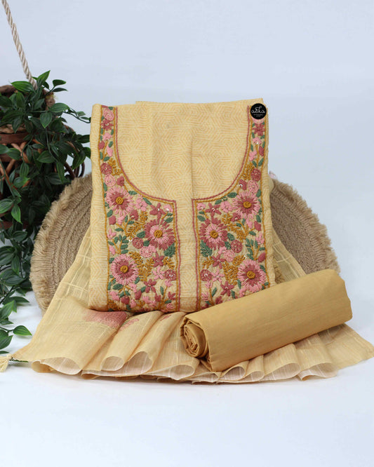 Yellow Chanderi Cotton Unstitched Salwar Set with Floral Hand Embroidery
