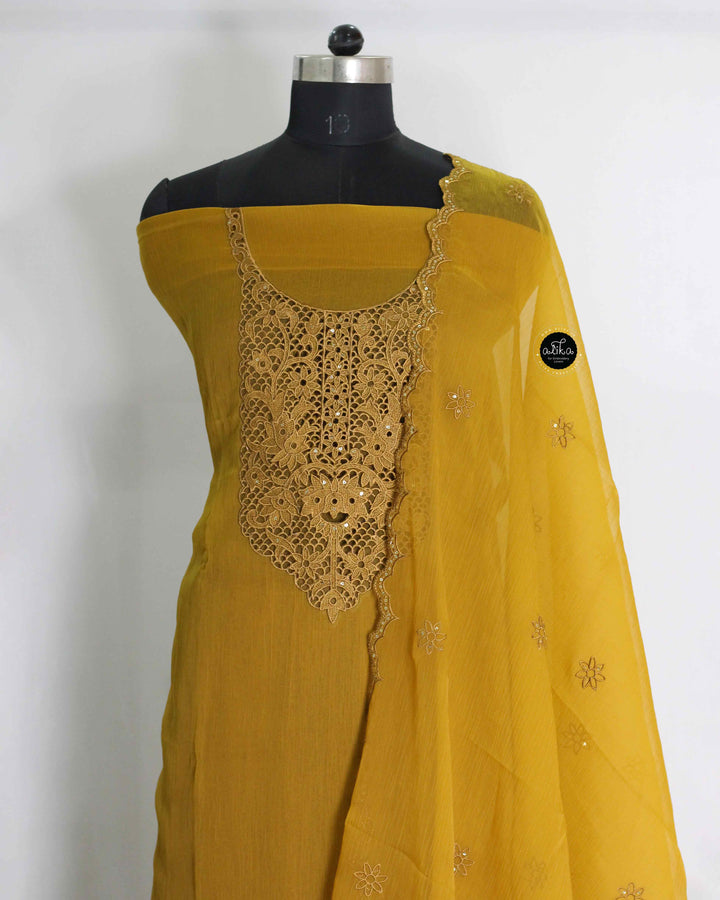 Mustard Yellow Crushed Silk Unstitched Salwar Set with Twine Cutwork &amp; Sequin Work