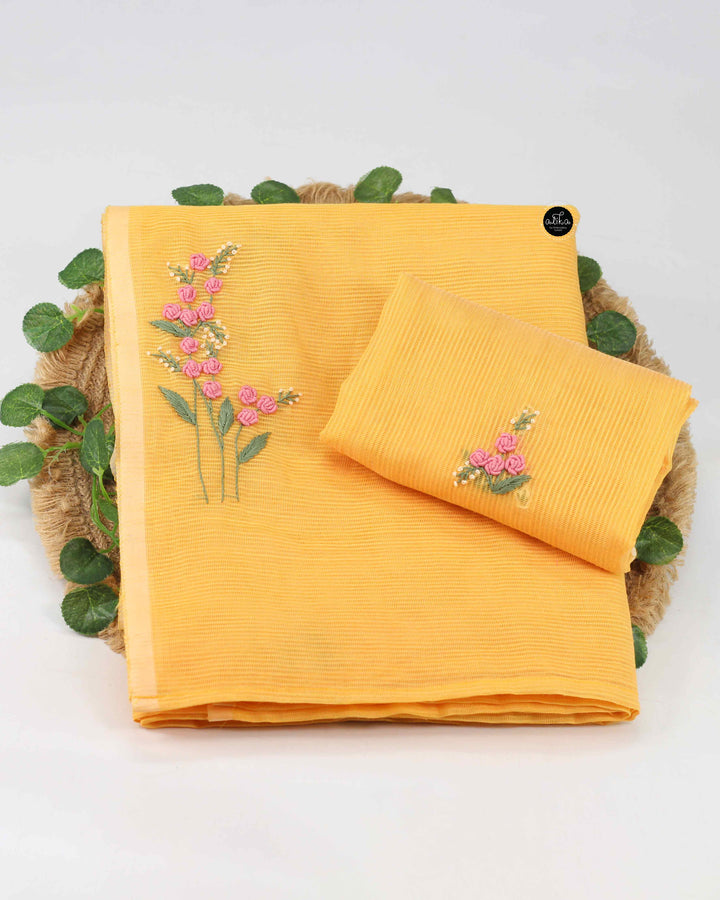 Mango Yellow Kota Saree with Floral Hand Embroidery