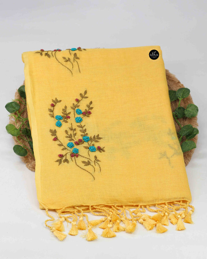Yellow Pure Linen Saree with Floral Hand Embroidery