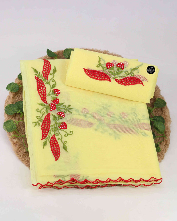 Yellow Kota Saree with Floral Machine Embroidery &amp; Cutwork