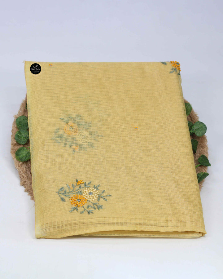 Pastel Yellow Synthetic Kota Saree with  Floral Hand Embroidery &amp; Mirror Work