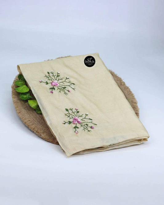 Cream Pure Tussar Silk Saree with Hand-Embroidered Floral Motifs – Alika Fashion Store