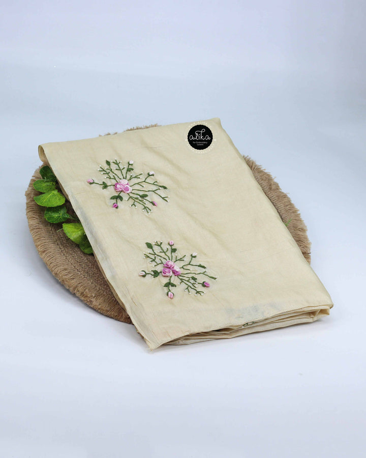 Cream Pure Tussar Silk Saree with Hand-Embroidered Floral Motifs