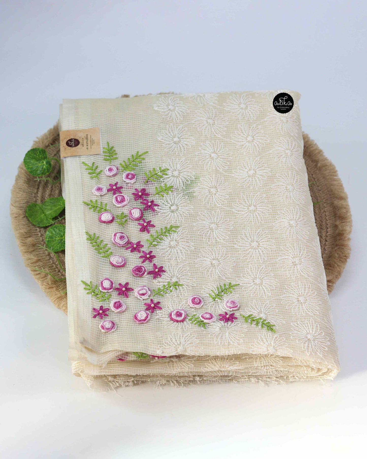 Cream Phulkari Saree with Floral Hand Embroidery and Bead Work