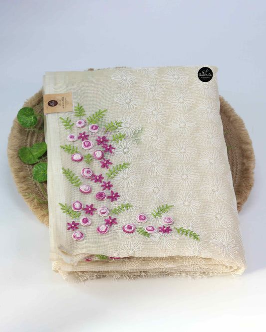 Cream Phulkari Saree with Floral Hand Embroidery and Bead Work