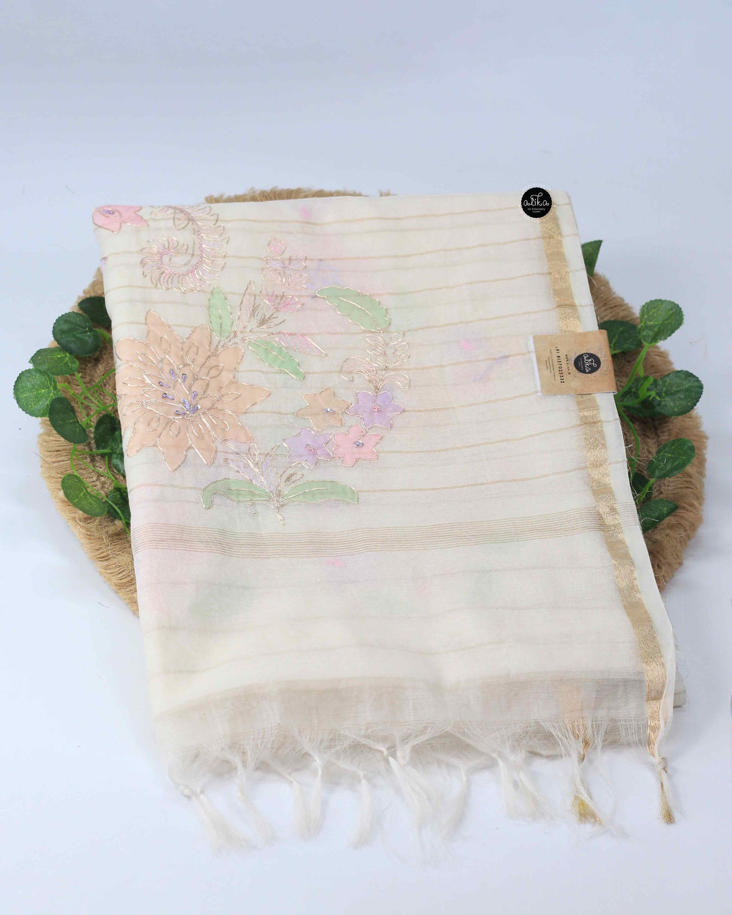 Off White Chanderi Silk Saree with Floral Applique Work