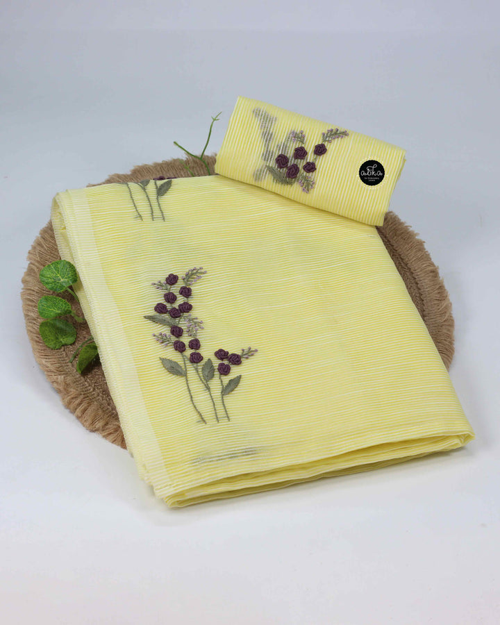Pastel Yellow Kota Saree with Intricate Bullion Embroidery