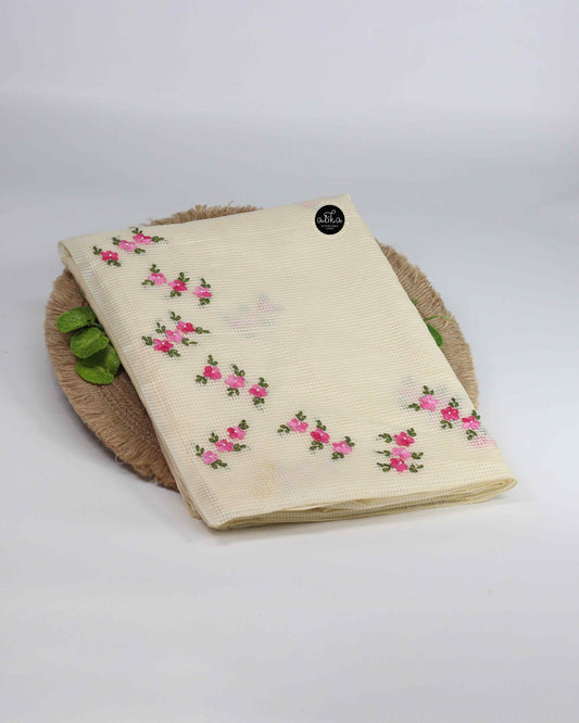 Cream Semi-Silk Saree with Pink Floral Hand Embroidery – Alika Fashion Store
