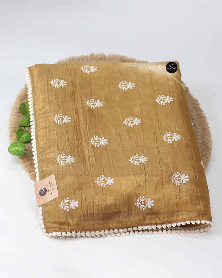 Deep Gold Crushed Silk Saree with Floral Machine Embroidery