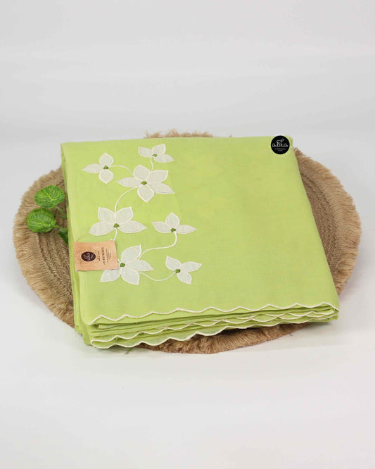 Light Green Organdy Saree with Floral Appliqué Work and Cream Phulkari Blouse Material