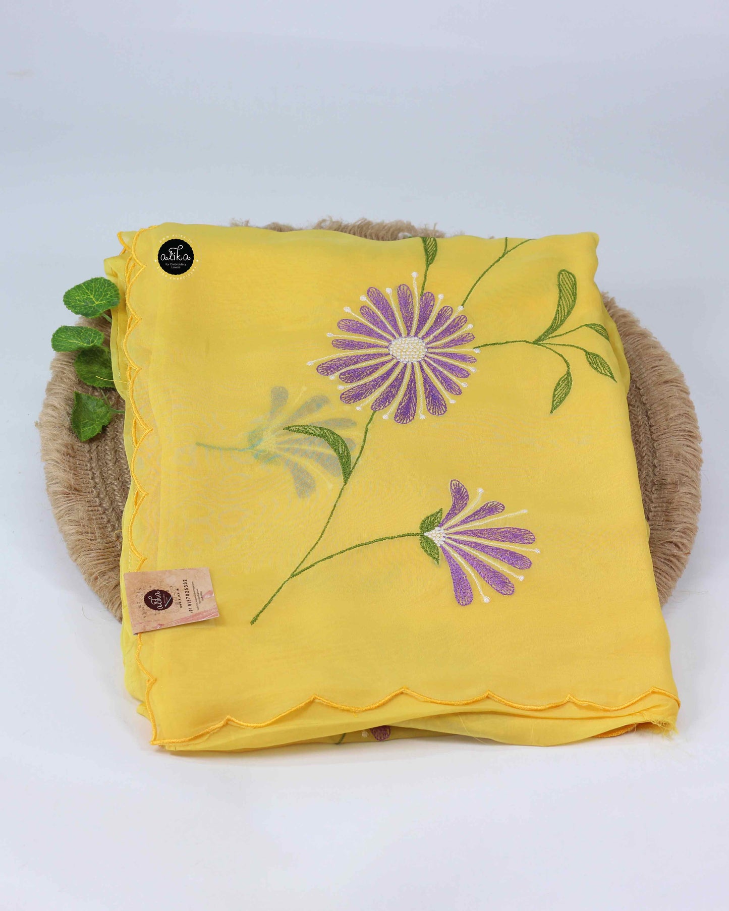 Mango Yellow Organza Saree with Floral Machine Embroidery