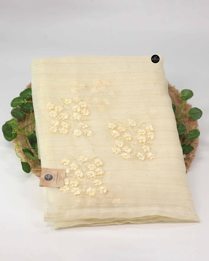 Cream Organza Saree with Floral Ribbon Embroidery