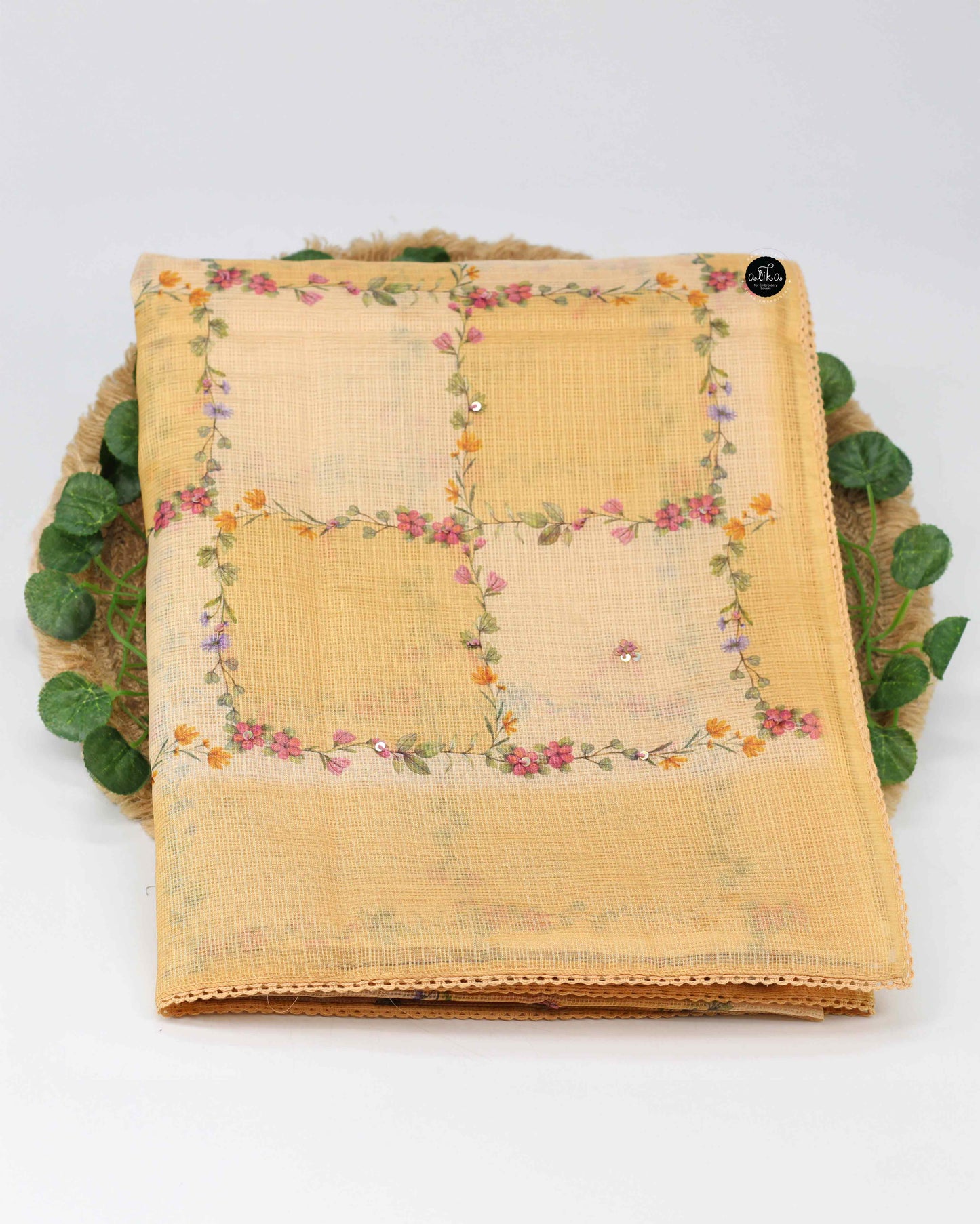 Light Yellow Silky Kota Saree with Floral Prints & Sequins | Alika Fashion Store