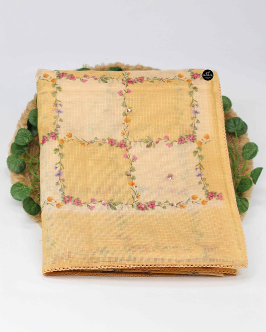 Light Yellow Silky Kota Saree with Floral Prints & Sequins | Alika Fashion Store