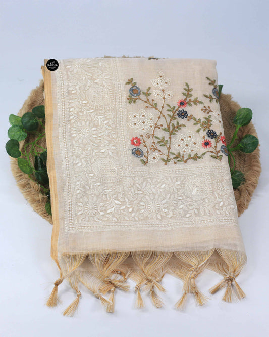 Light Beige Linen Tissue Saree With Multi Colour Floral Machine embroidery