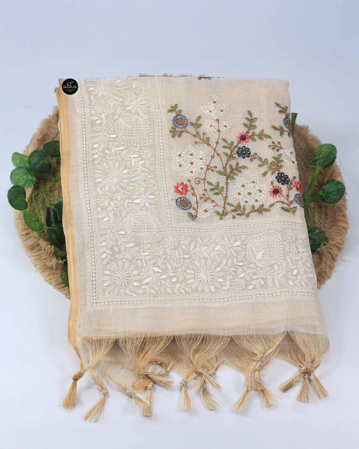 Light Beige Linen Tissue Saree With Multi Colour Floral Machine embroidery