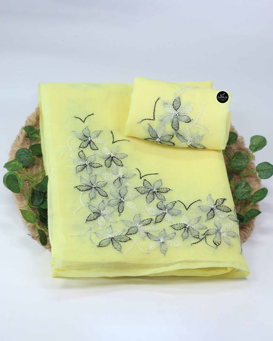 Light Yellow Kota Saree with Floral Shadow Work Embroidery