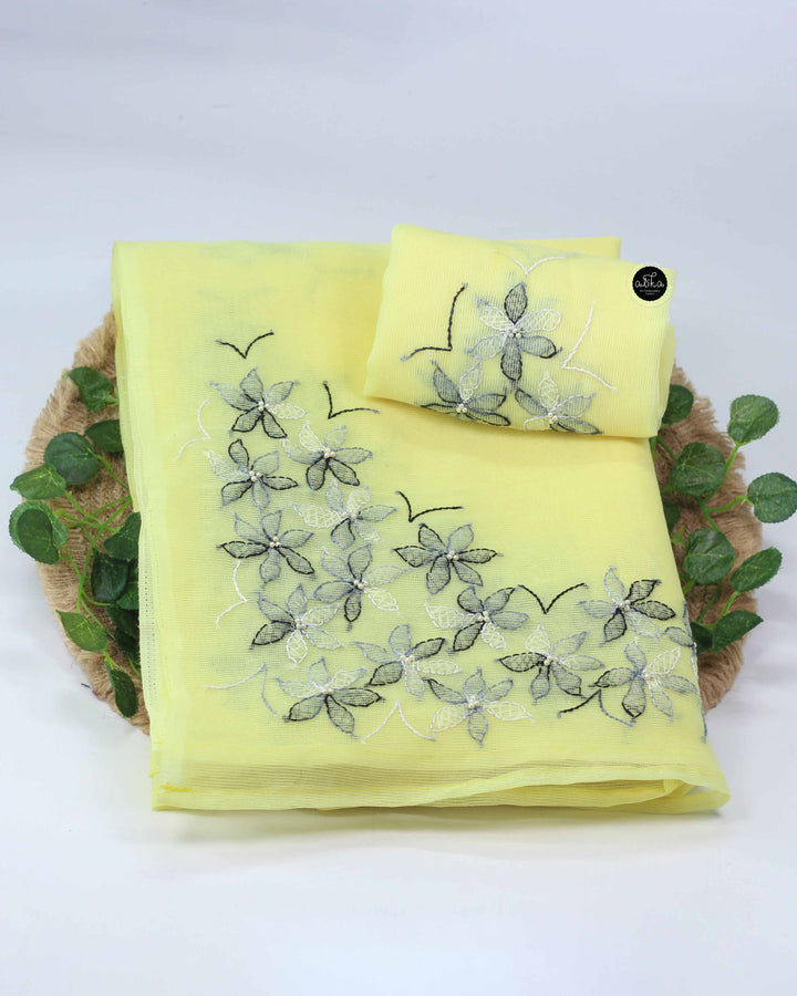 Light Yellow Kota Saree with Floral Shadow Work Embroidery