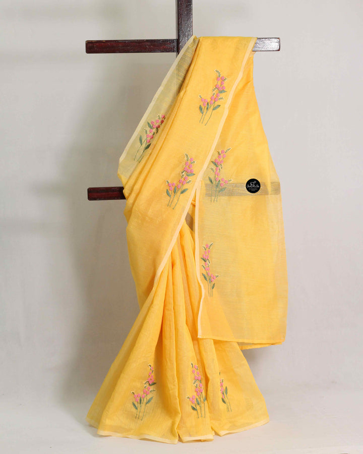 Mango Yellow Kota Saree with Floral Hand Embroidery