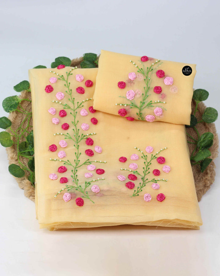Pastel Yellow Kota Saree with Floral Ribbon Work – Fresh Elegant Wear