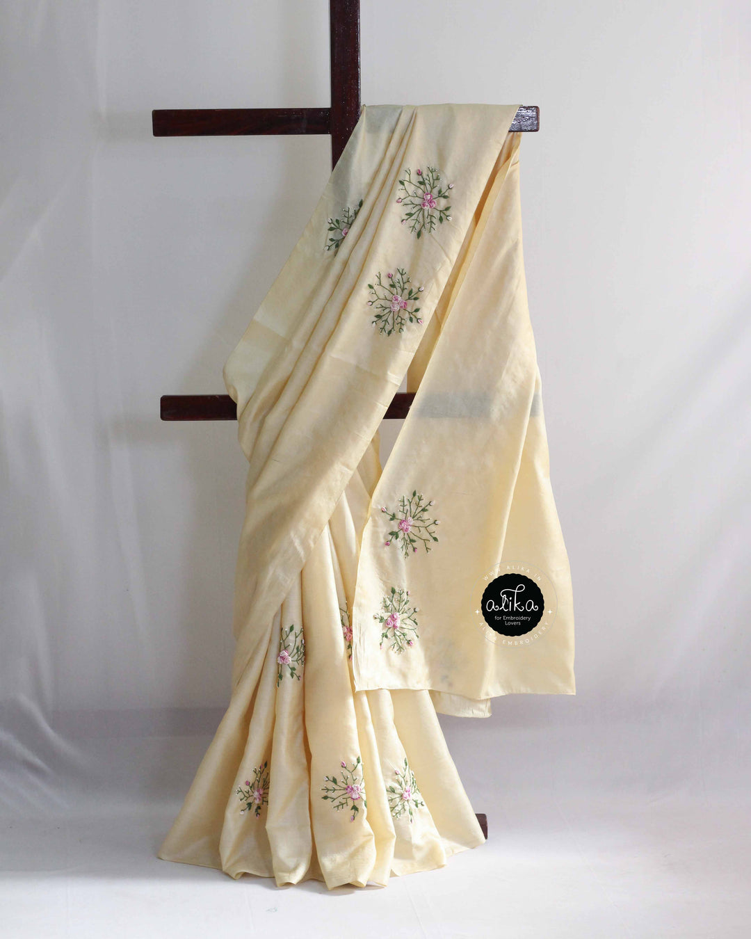 Cream Pure Tussar Silk Saree with Hand-Embroidered Floral Motifs