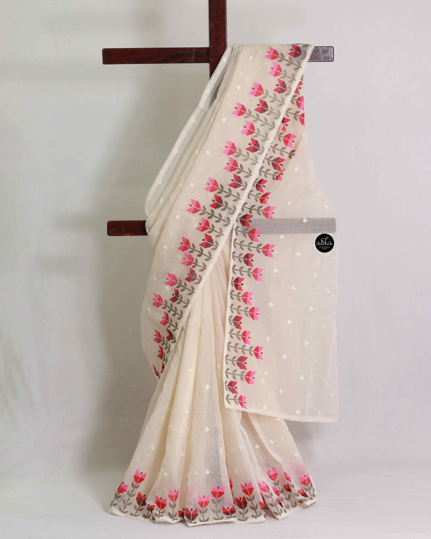 Light Beige Kota Saree with Machine Embroidery