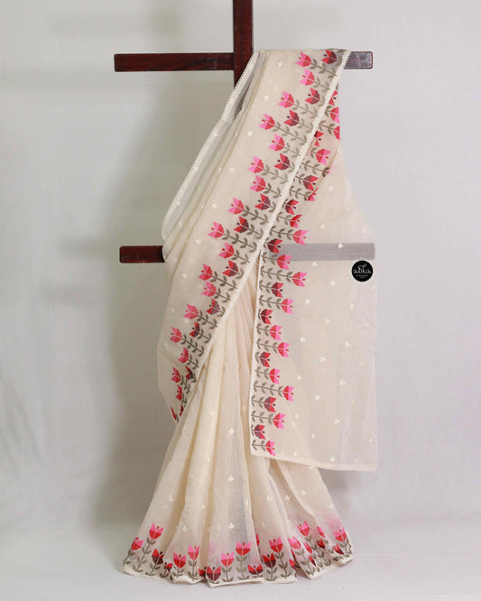 Light Beige Kota Saree with Machine Embroidery