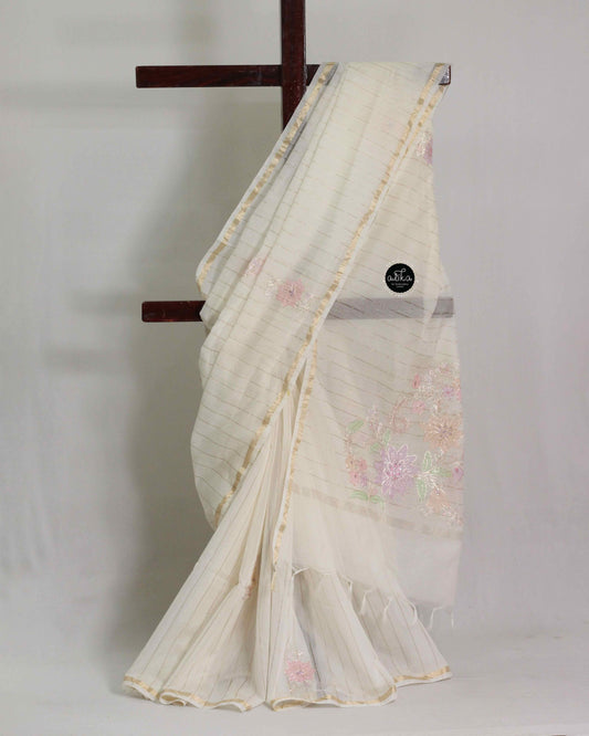 Off White Chanderi Silk Saree with Floral Applique Work