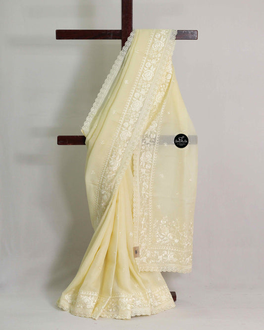 Pastel Yellow Kota Saree with Floral Machine Embroidery