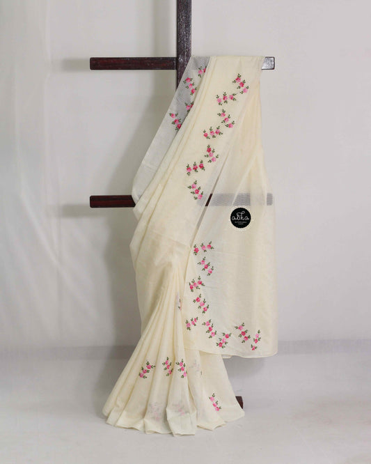 Cream Semi-Silk Saree with Pink Floral Hand Embroidery – Alika Fashion Store