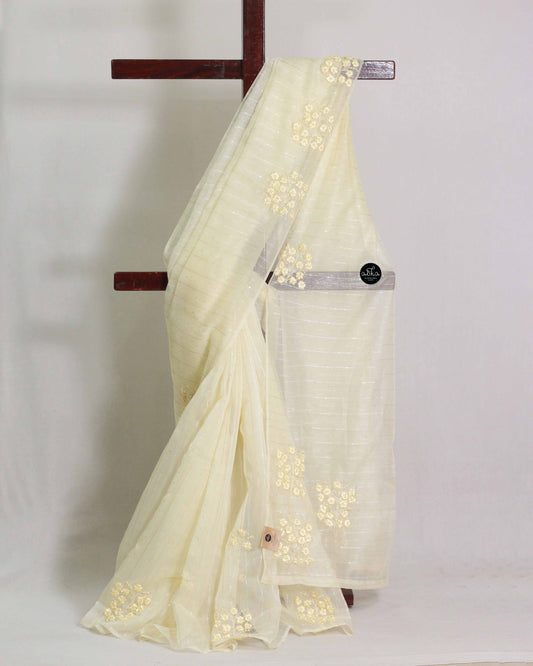 Cream Organza Saree with Floral Ribbon Embroidery