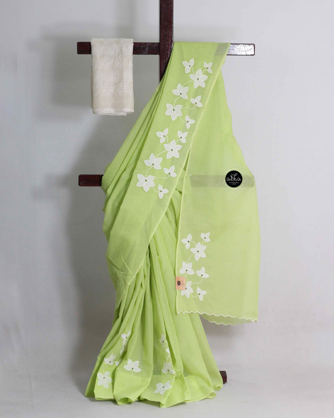 Light Green Organdy Saree with Floral Appliqué Work and Cream Phulkari Blouse Material