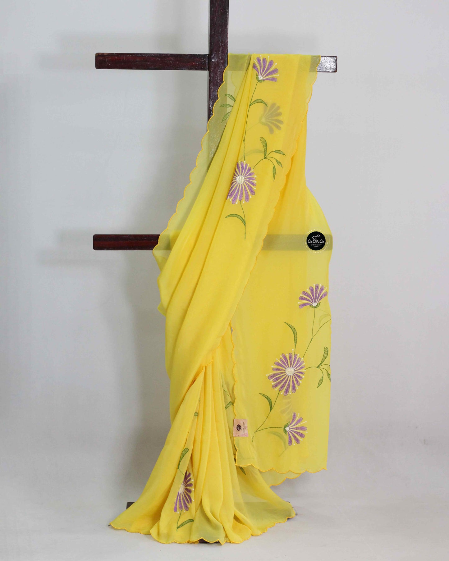 Mango Yellow Organza Saree with Floral Machine Embroidery