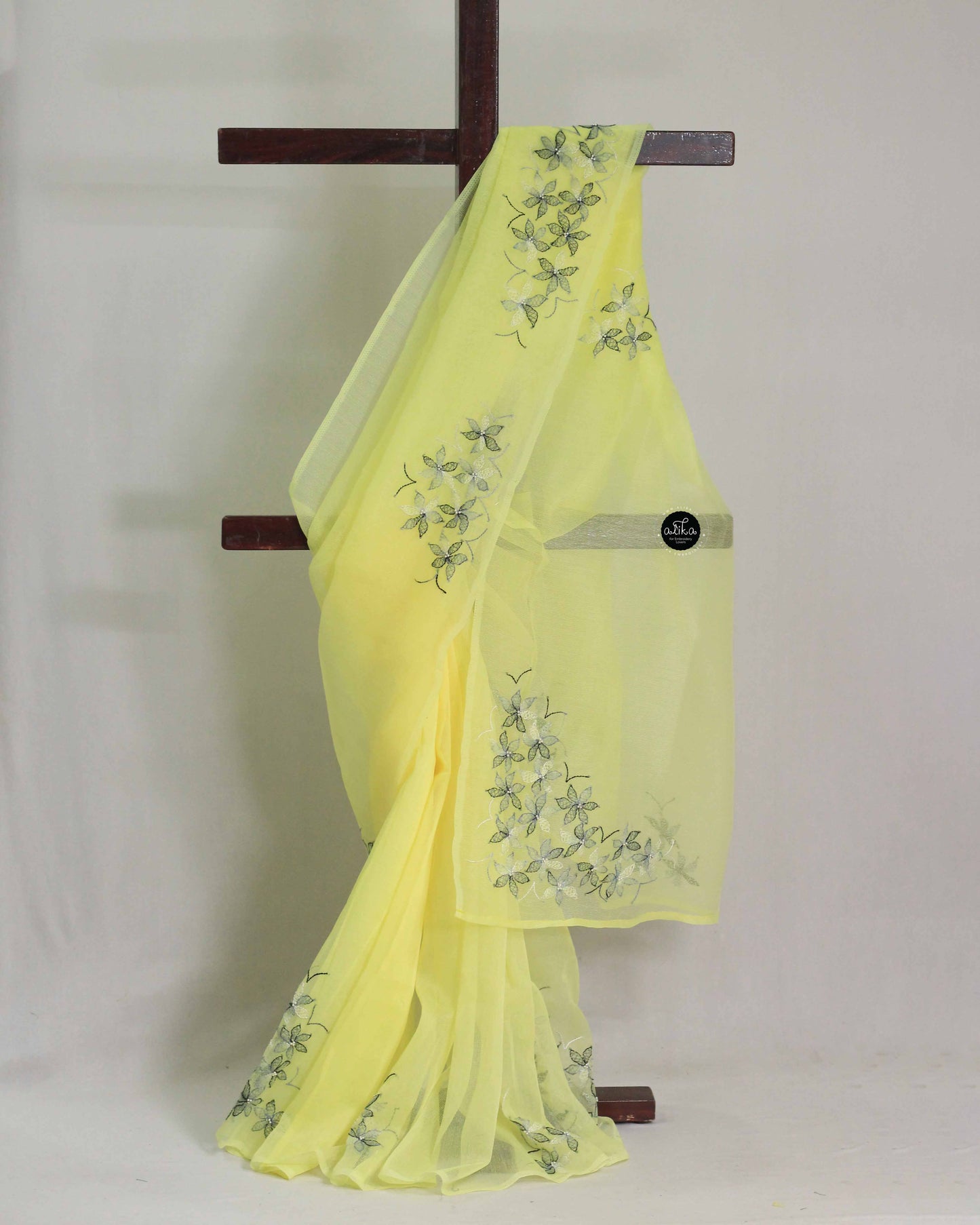 Light Yellow Kota Saree with Floral Shadow Work Embroidery