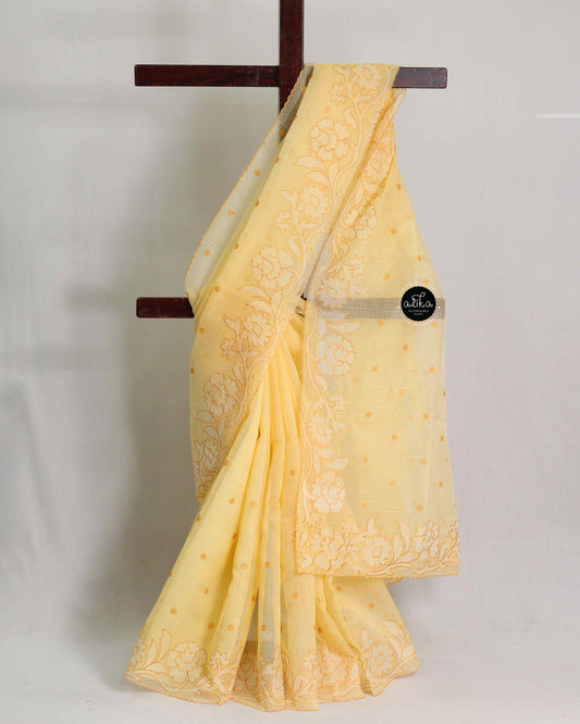 Pastel Yellow Kota Saree with Floral Applique Work – Luxury Designer Wear