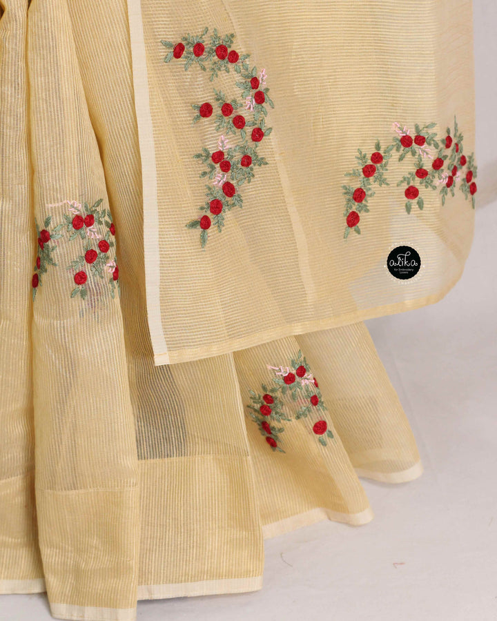 Sandal Colour Kota Saree with Floral Hand Embroidery