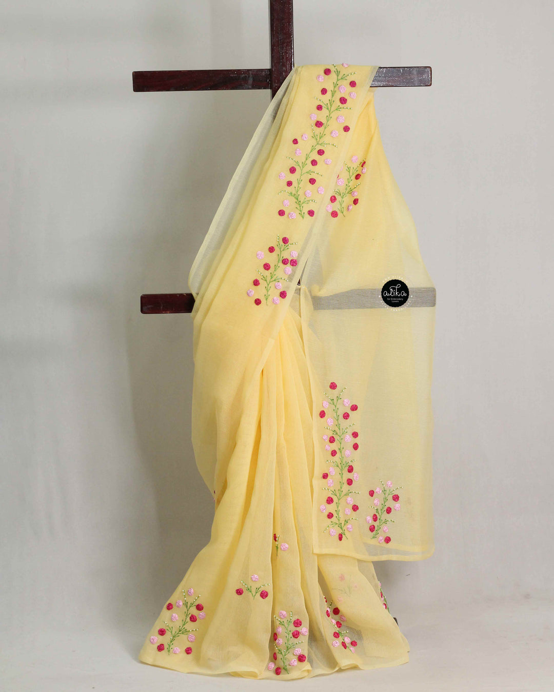Pastel Yellow Kota Saree with Floral Ribbon Work – Fresh Elegant Wear