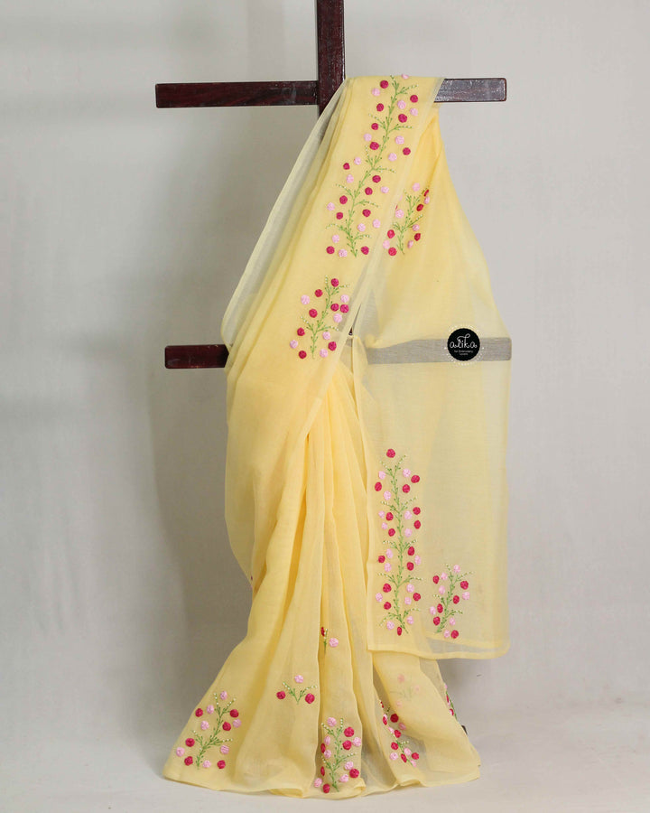 Pastel Yellow Kota Saree with Floral Ribbon Work – Fresh Elegant Wear