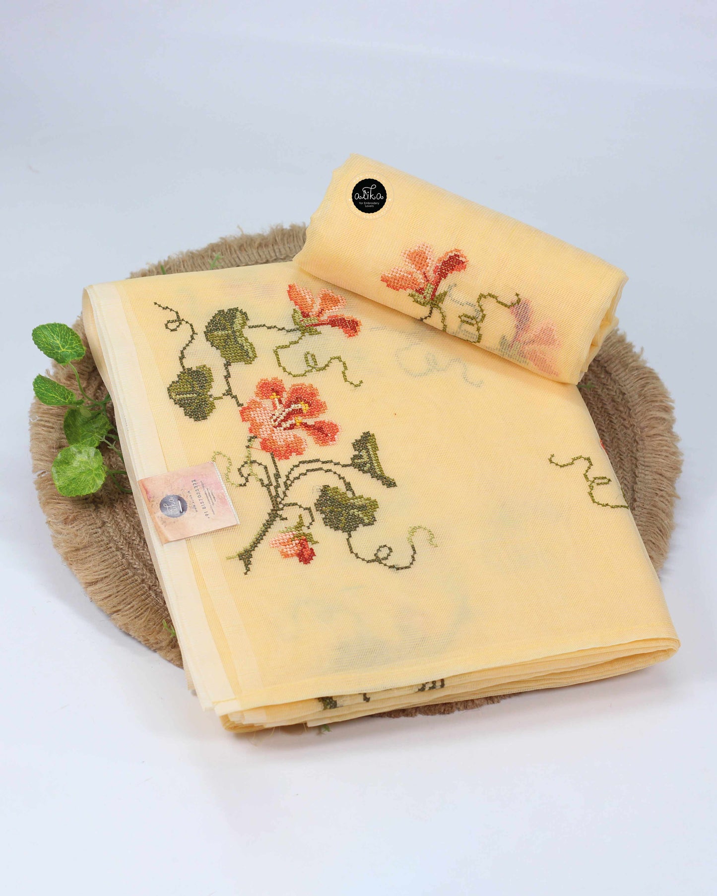 Mango Yellow Kota Saree with Floral Machine Embroidery