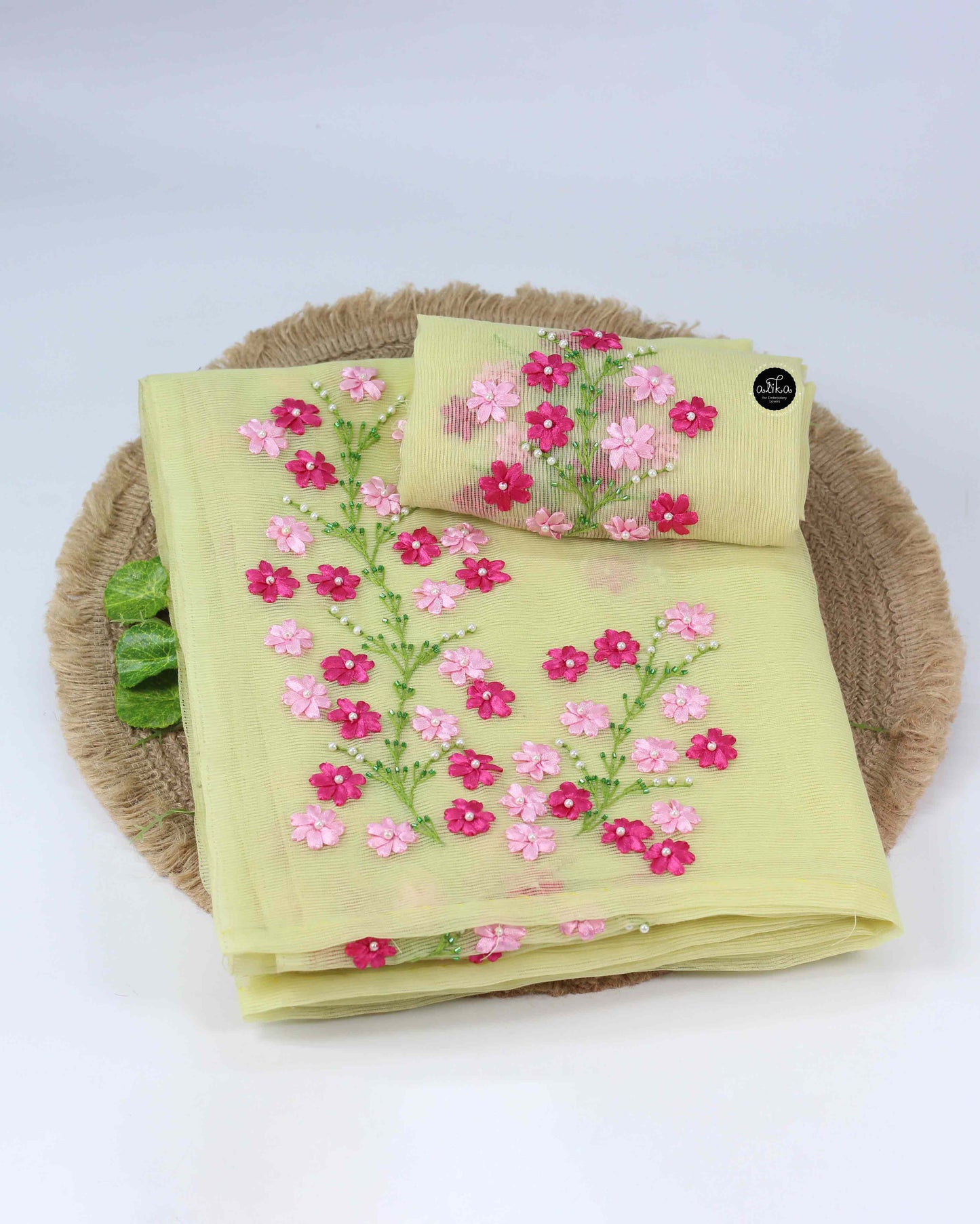 Pastel Yellow Kota Saree with Multicolour Floral Ribbon Embroidery and Bead Work